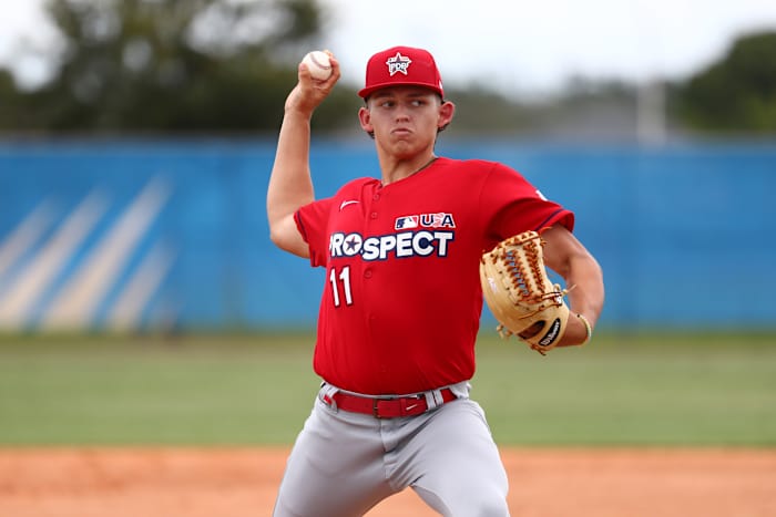 Jun 17, 2019; Bradenton, FL, USA; Team Larkin pitcher Ben Hernandez (11) during workouts at IMG Academy. Mandatory Credit: Kim Klement-USA TODAY Sports